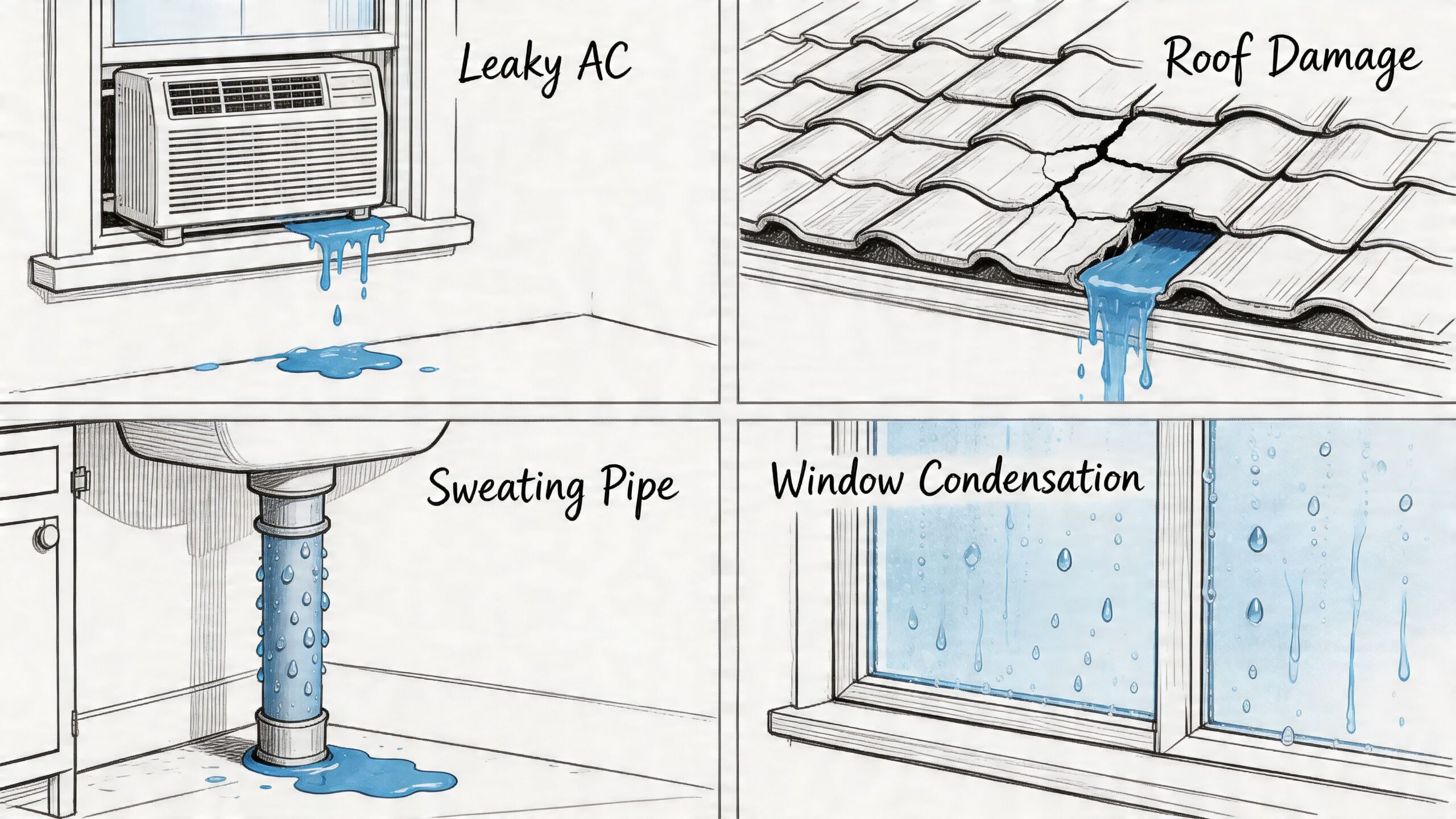 A diagram illustrating common household moisture sources including a leaky air conditioner, damaged roof, sweating pipes, and window condensation.