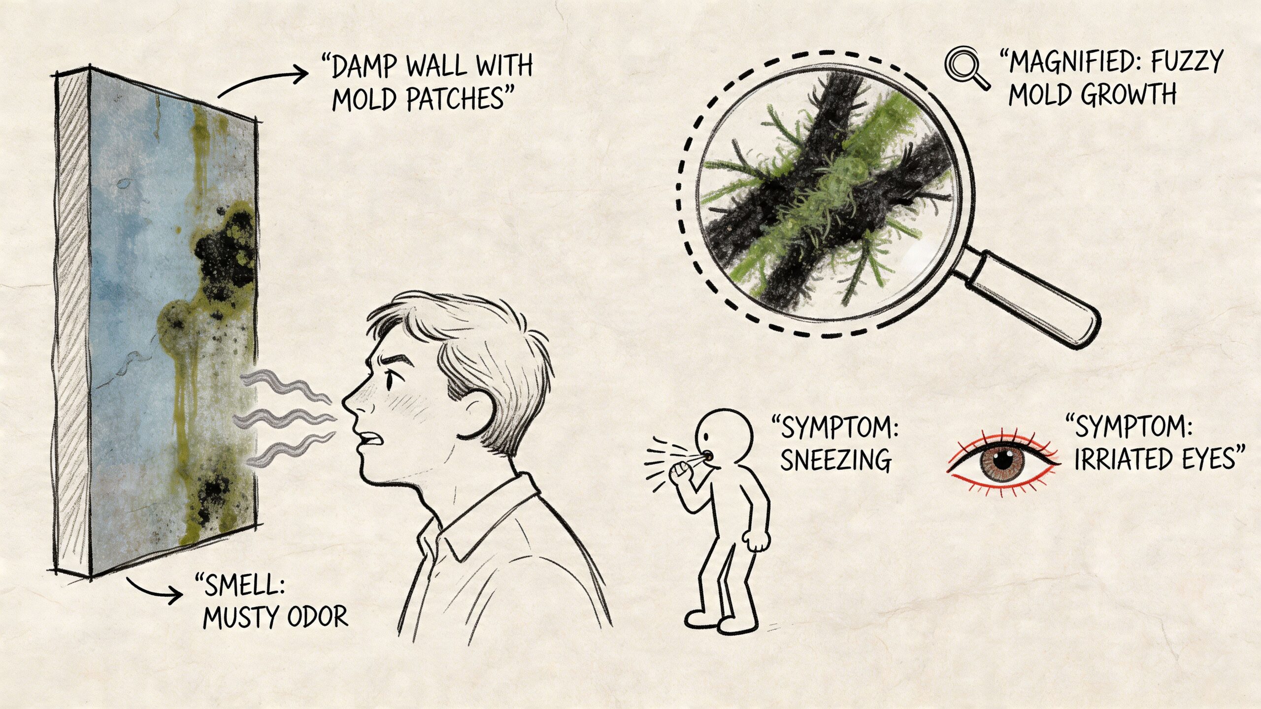 A diagram illustrating signs of mold in homes including damp wall patches, musty odors, and health symptoms.