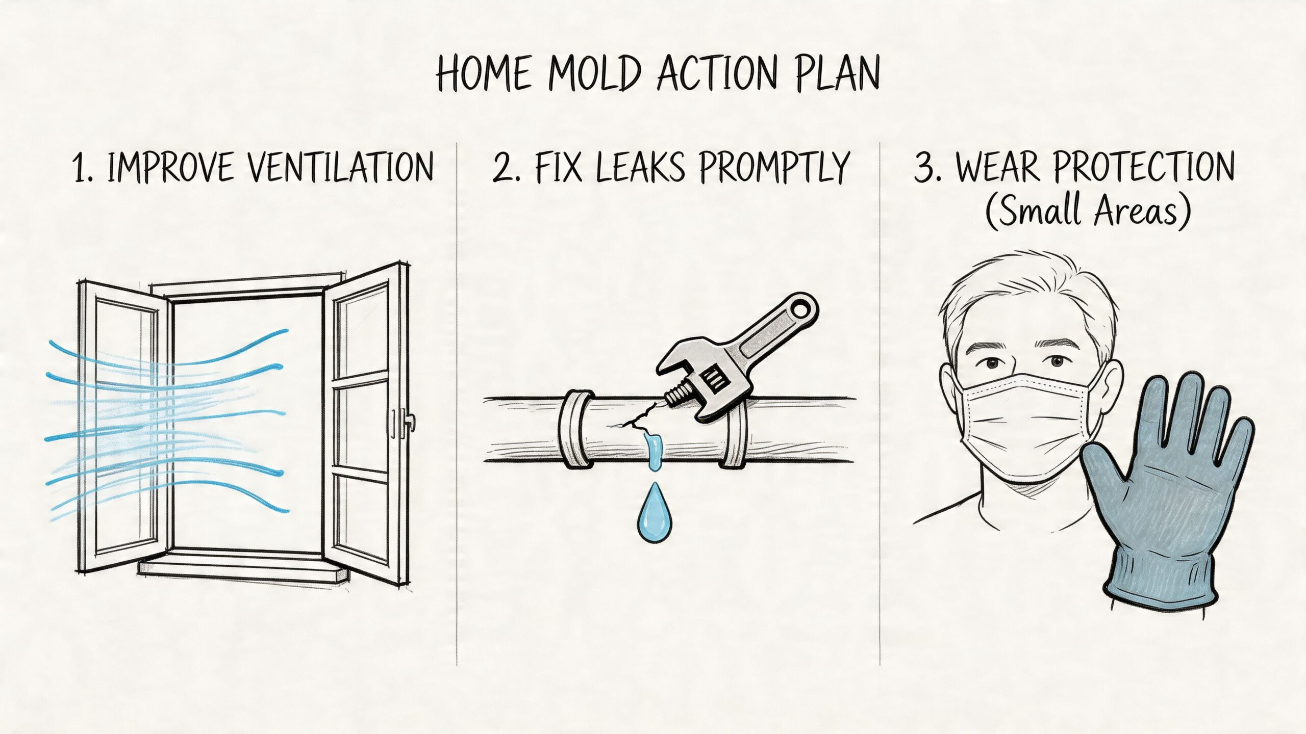 A diagram outlining a home mold action plan including improving ventilation, fixing leaks, and wearing protective gear.