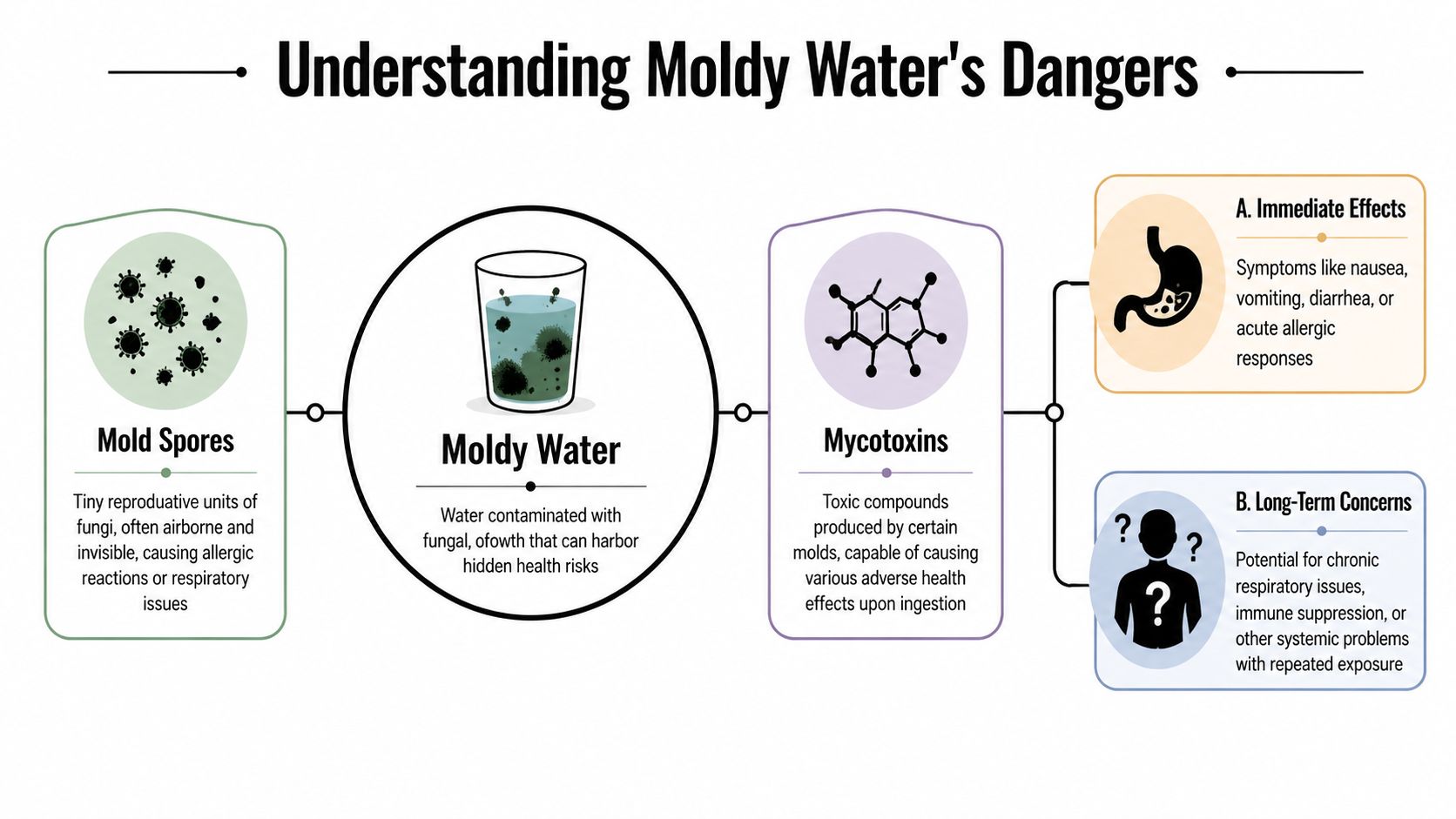 An infographic detailing the health risks of consuming moldy water, including spores, mycotoxins, and potential symptoms.