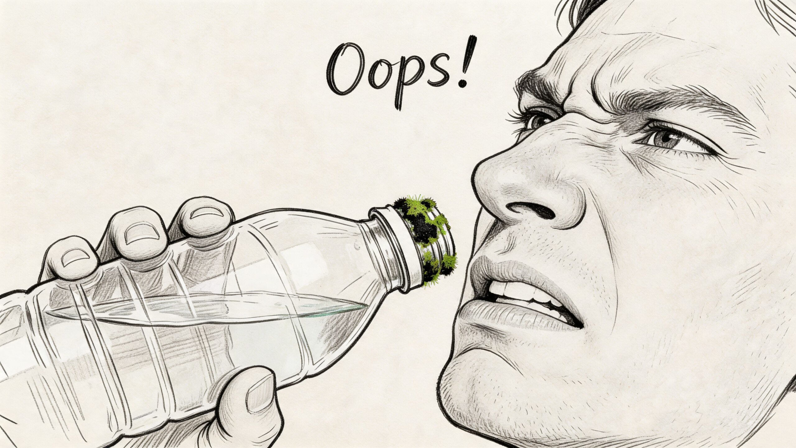 A man looking disgusted while about to drink from a water bottle contaminated with green mold.