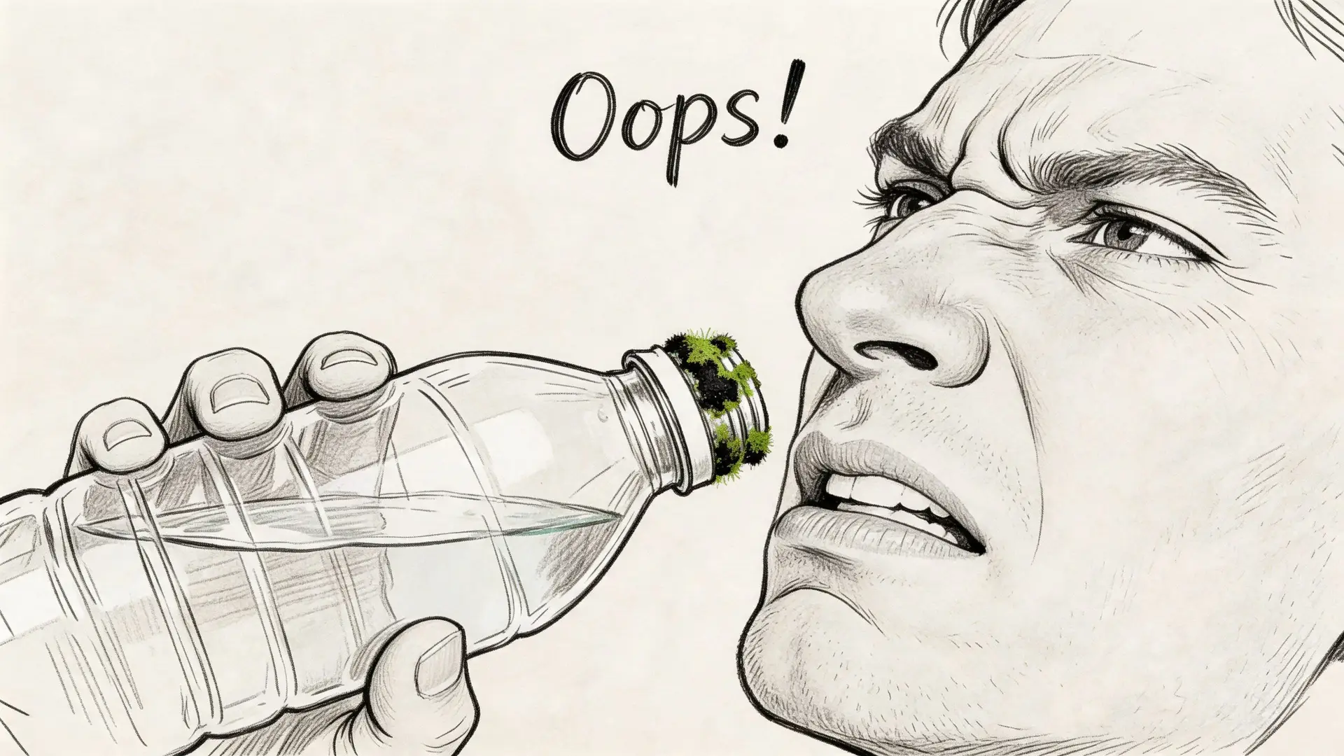 A man looking disgusted while about to drink from a water bottle contaminated with green mold.