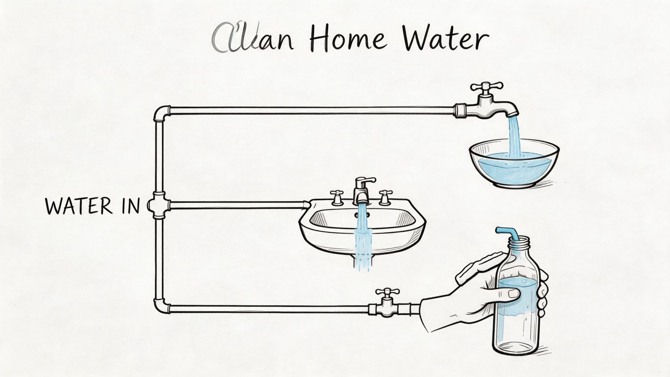 A diagram illustrating water flowing from a central source into a bowl, a sink, and a bottle.
