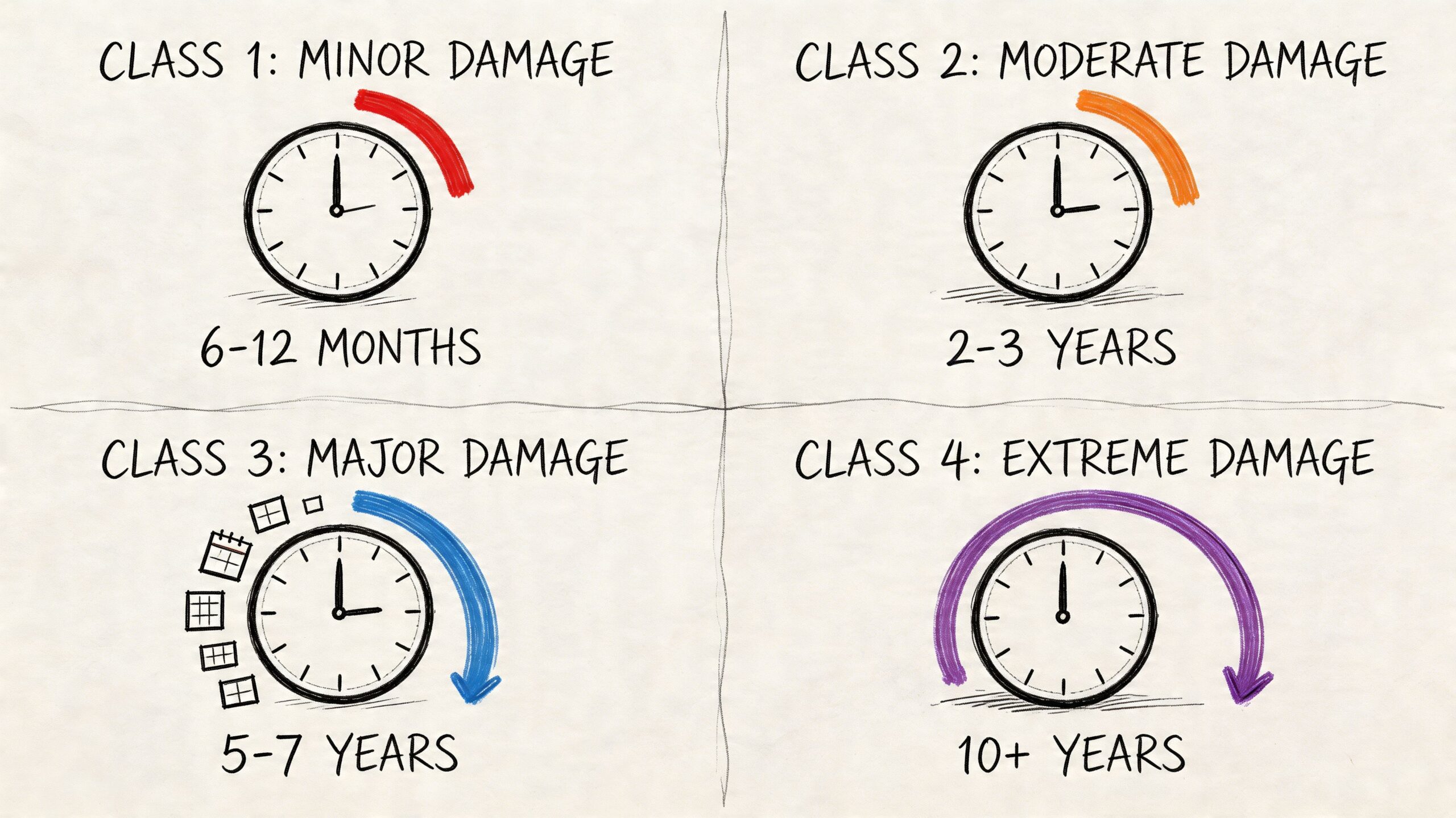 A diagram categorizing four classes of water damage with corresponding estimated remediation timelines and repair timeframes.