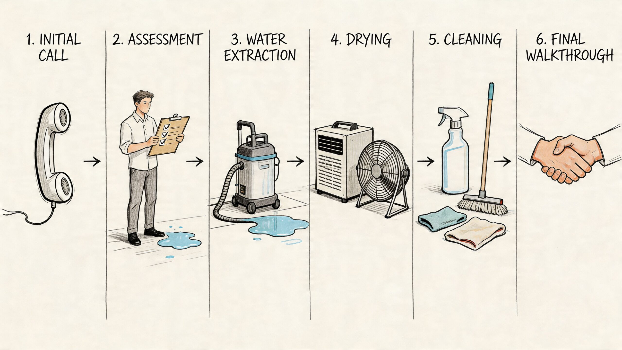 A six-step illustration detailing the professional process of residential water damage remediation and restoration services.