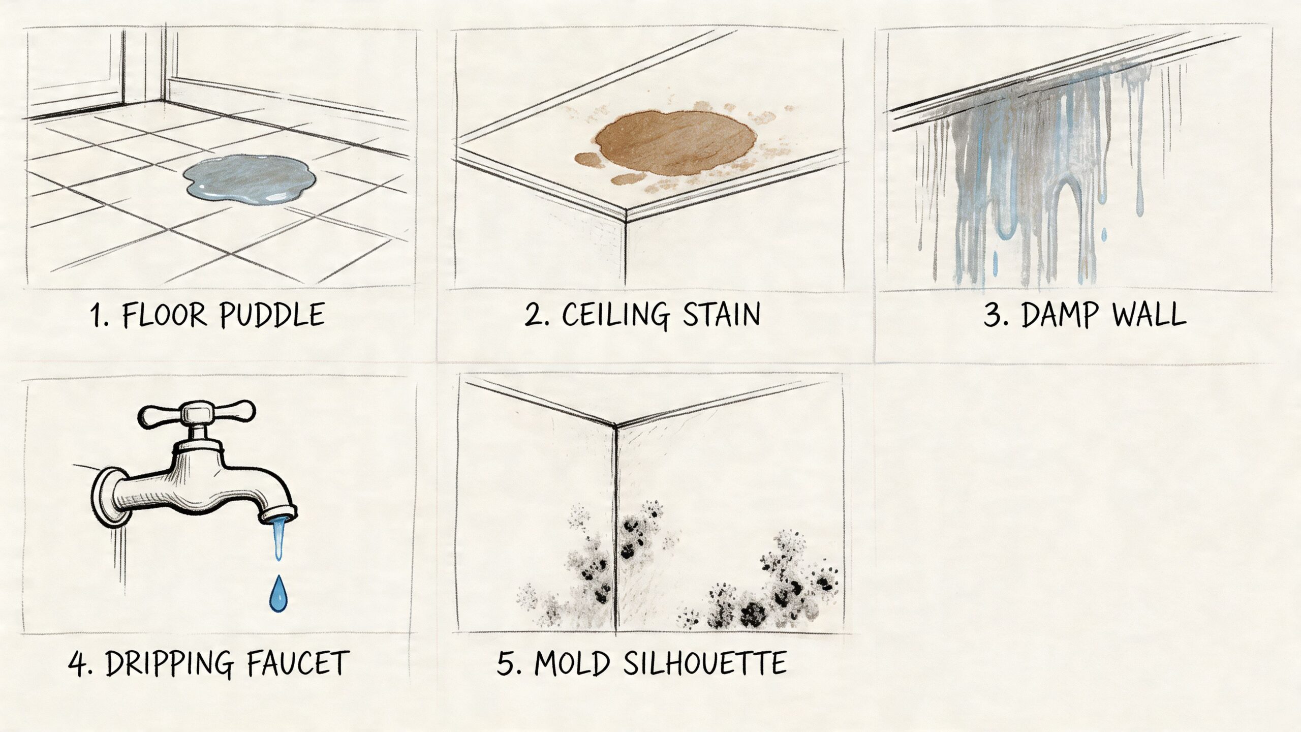 A diagram illustrating five common signs of water damage including puddles, stains, damp walls, leaks, and mold.