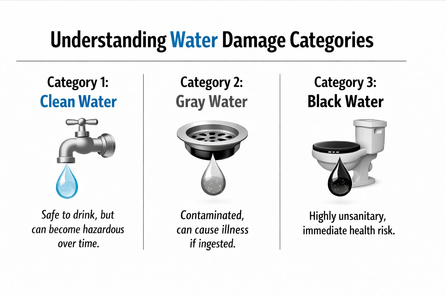 An educational graphic illustrating the three categories of water damage: clean water, gray water, and black water.