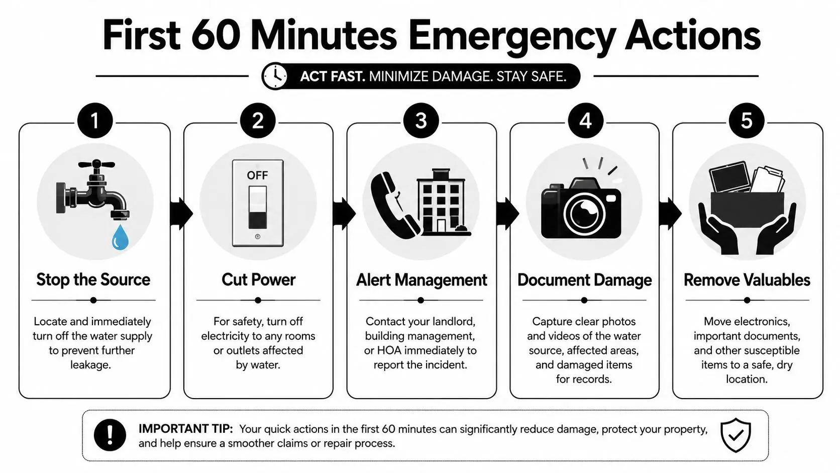 An infographic detailing five emergency steps to take within sixty minutes of apartment water damage occurring.