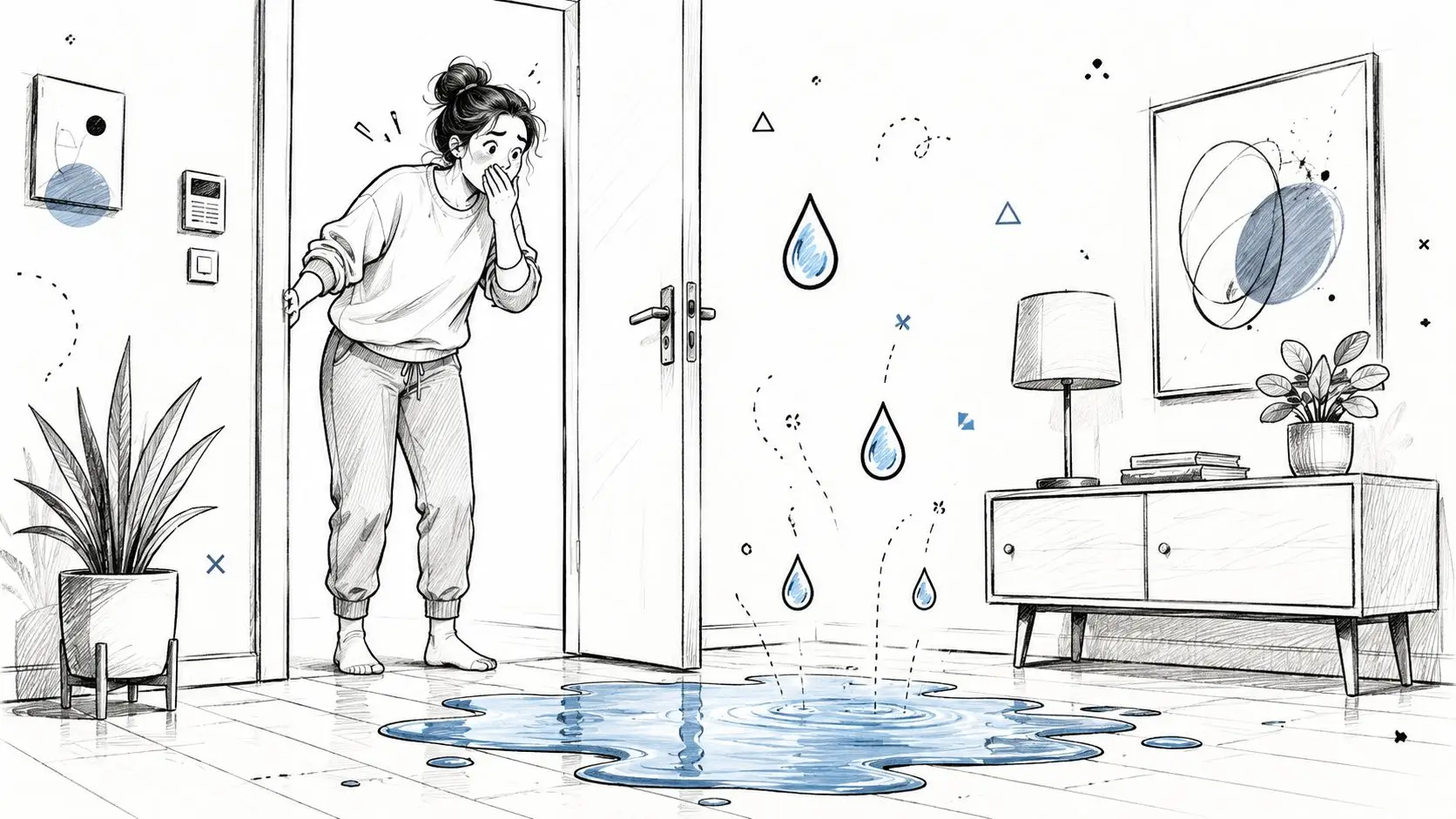 A surprised woman looking at a large water puddle leaking onto her apartment floor.