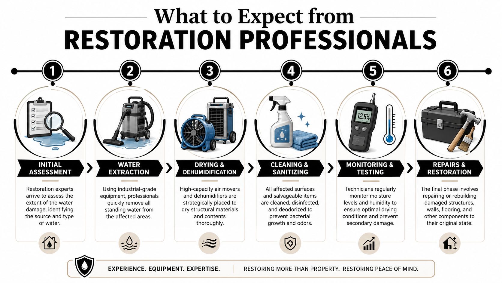 A six-step process infographic illustrating the professional water damage restoration workflow from initial assessment to final repair.