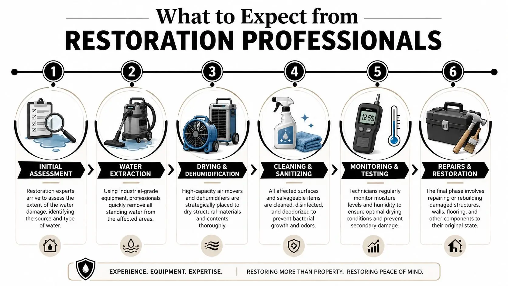 A six-step process infographic illustrating the professional water damage restoration workflow from initial assessment to final repair.