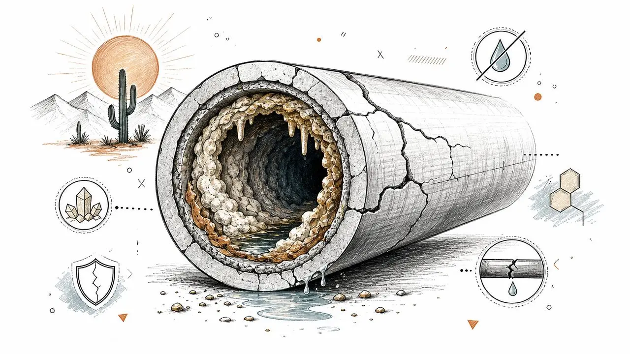 A detailed illustration of a damaged, calcified pipe in a desert setting representing plumbing infrastructure failure.