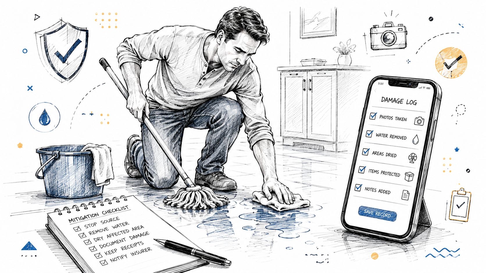 A man cleaning water damage on a floor while using a mobile app to log mitigation steps.