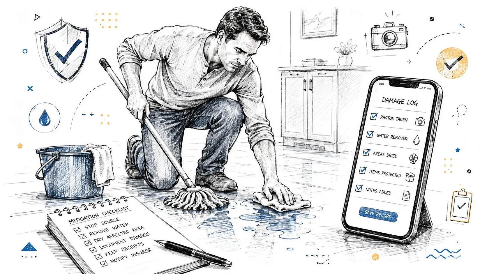 A man cleaning water damage on a floor while using a mobile app to log mitigation steps.