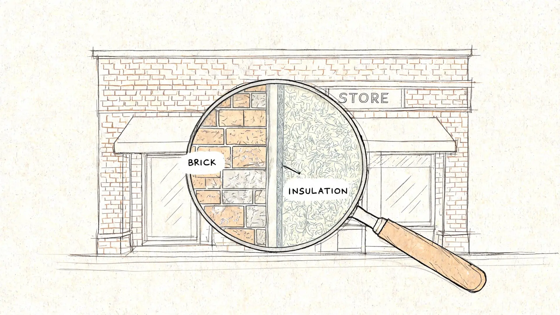 A magnifying glass inspecting the layered structure of a commercial building wall showing brick and internal insulation.