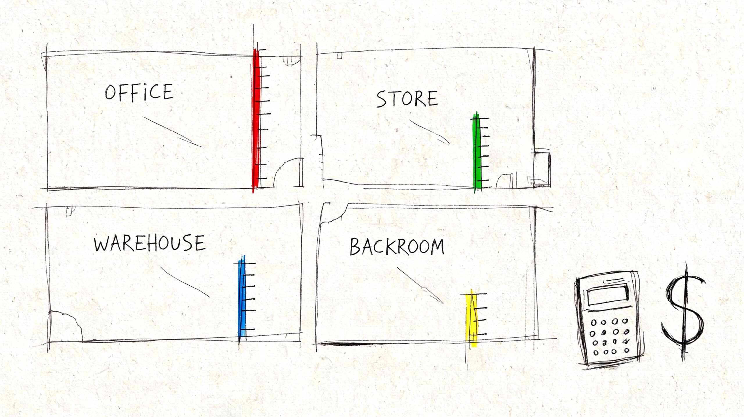 A hand-drawn floor plan diagram of an office, store, warehouse, and backroom with a calculator and dollar sign.