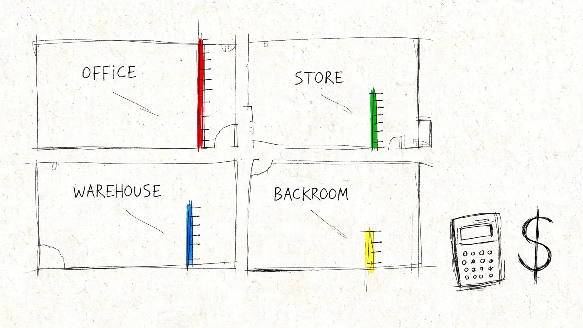 A hand-drawn floor plan diagram of an office, store, warehouse, and backroom with a calculator and dollar sign.