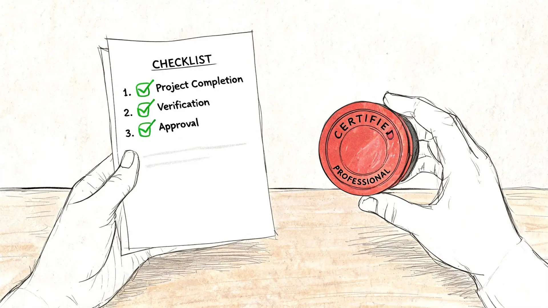 Hands holding a checklist showing project completion, verification, and approval alongside a certified professional rubber stamp.