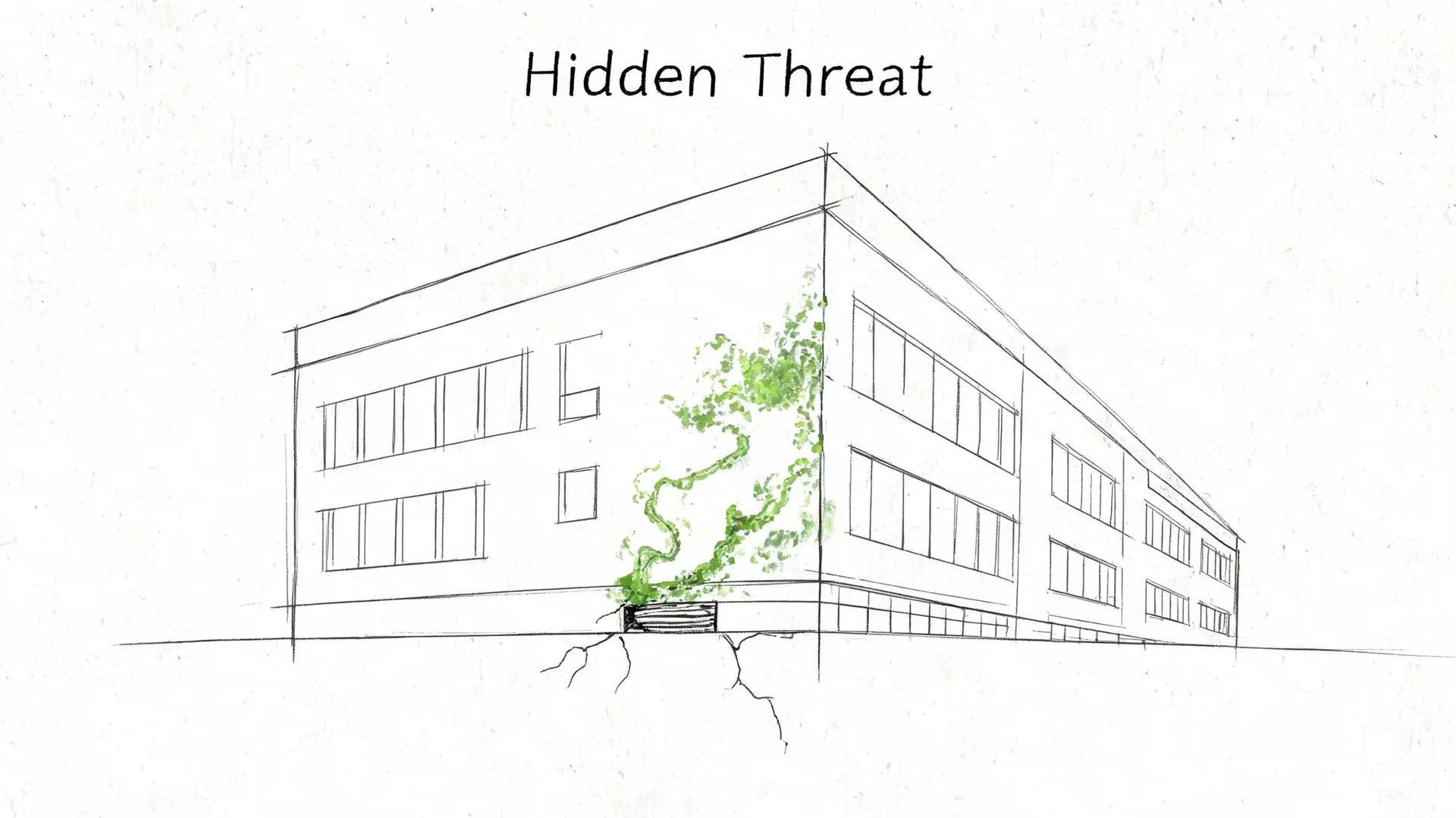 A pencil sketch of a commercial building showing green mold growing from a cracked foundation wall.