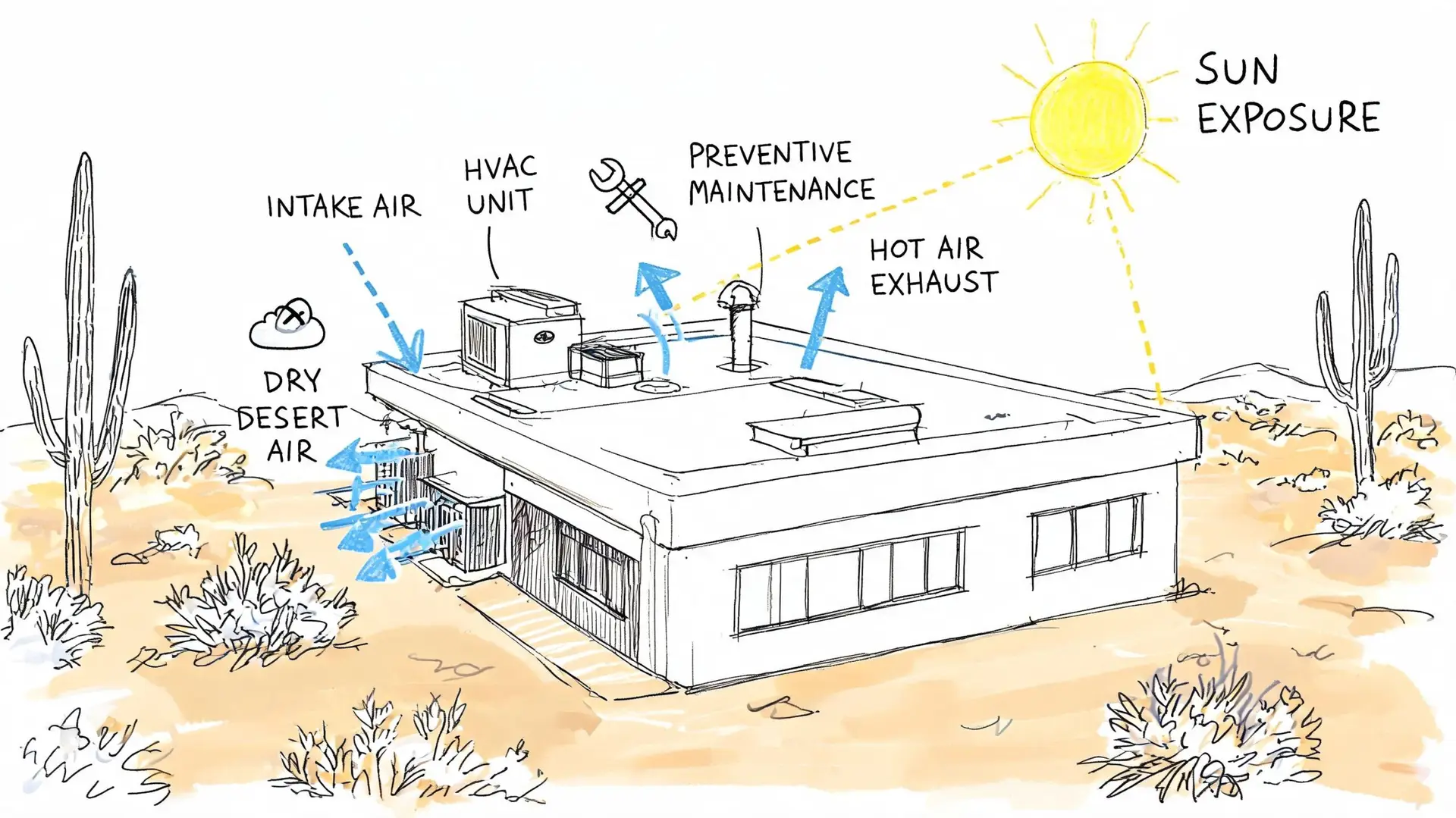 A line drawing of a building in a desert environment showcasing HVAC system maintenance and airflow.