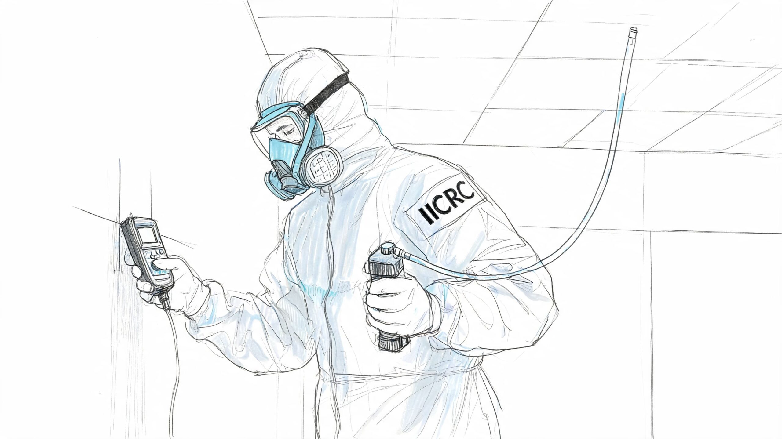 A technician in a hazmat suit uses an inspection tool for commercial mold remediation testing.