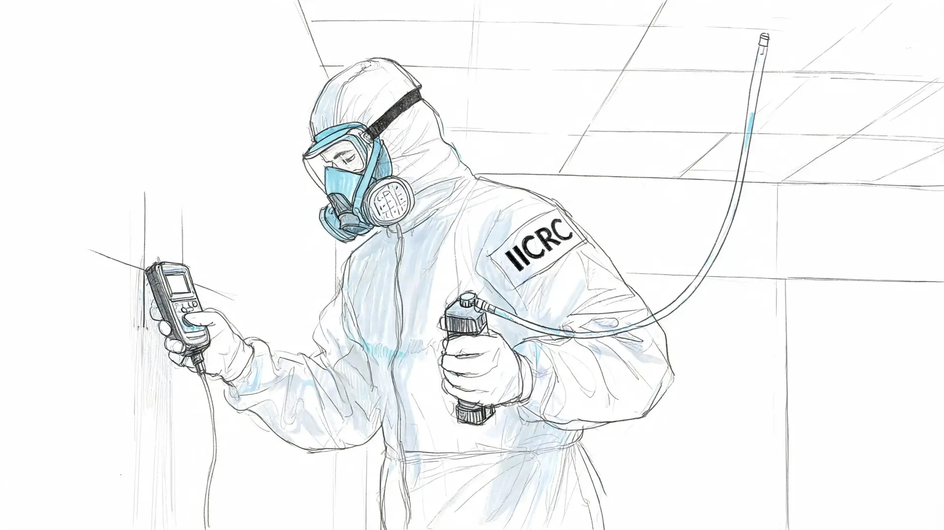 A technician in a hazmat suit uses an inspection tool for commercial mold remediation testing.