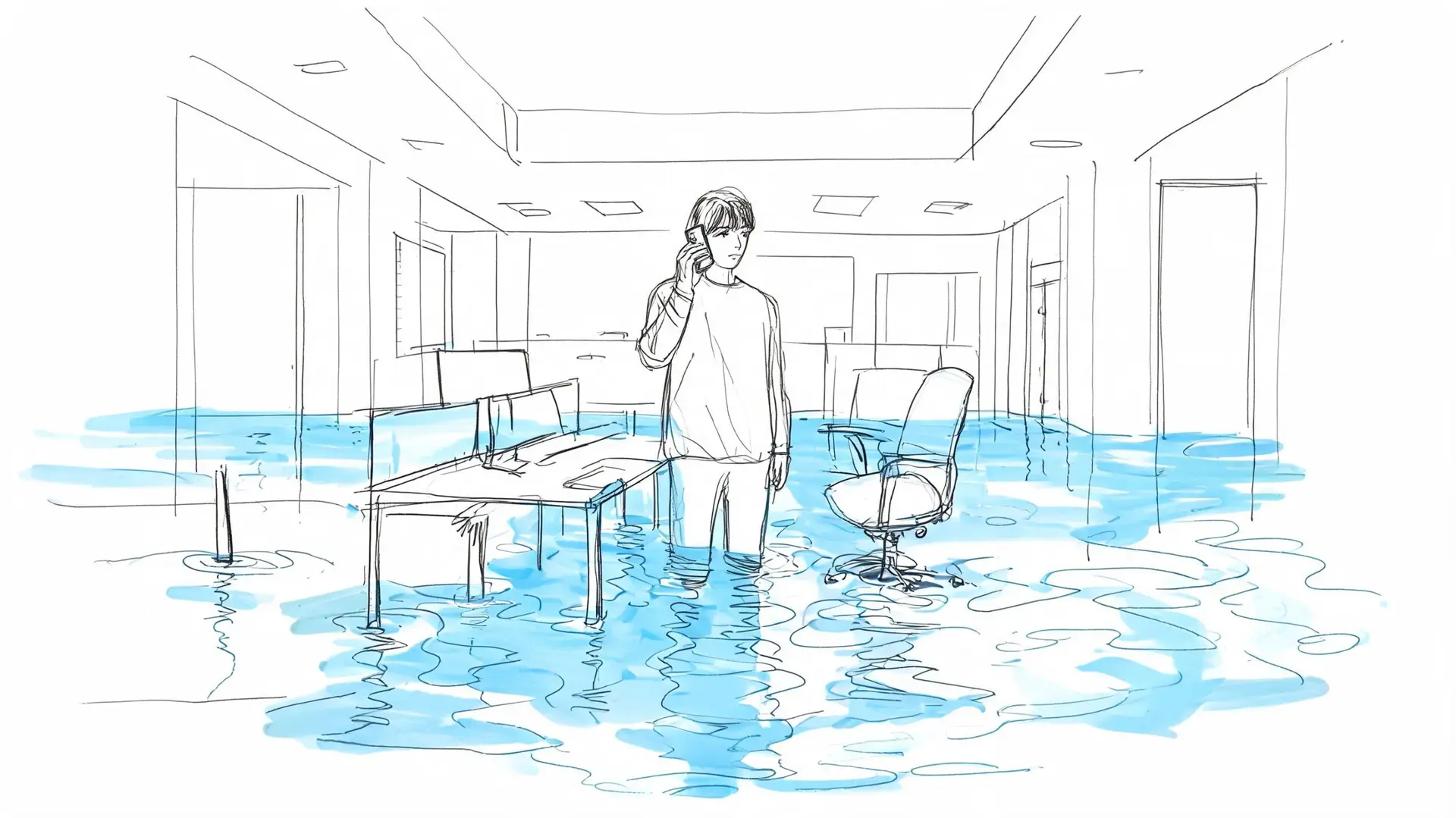 A line art sketch of a man on the phone inside a flooded office workspace.