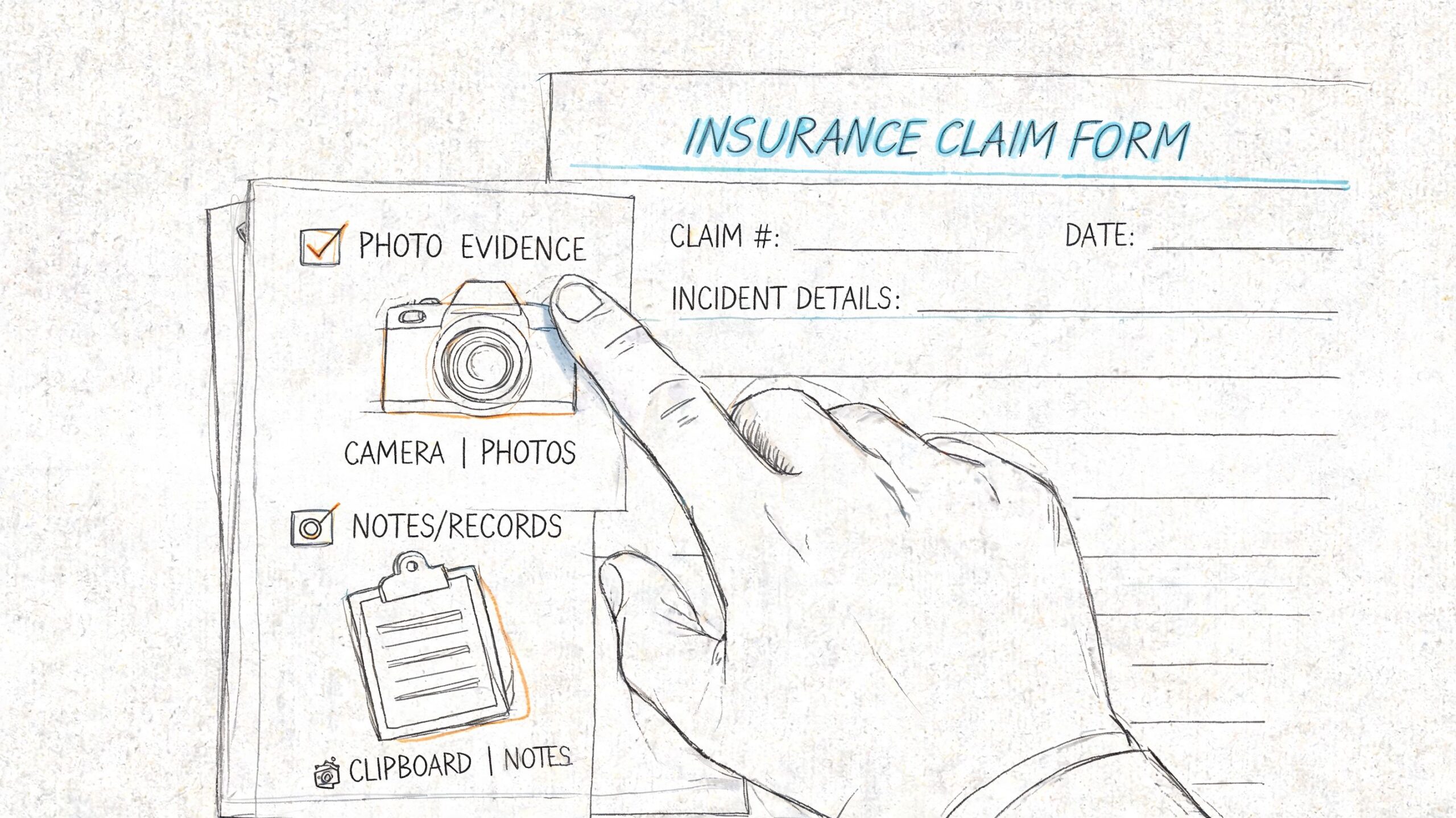 A hand selecting photo evidence on a conceptual insurance claim form for water damage documentation purposes.