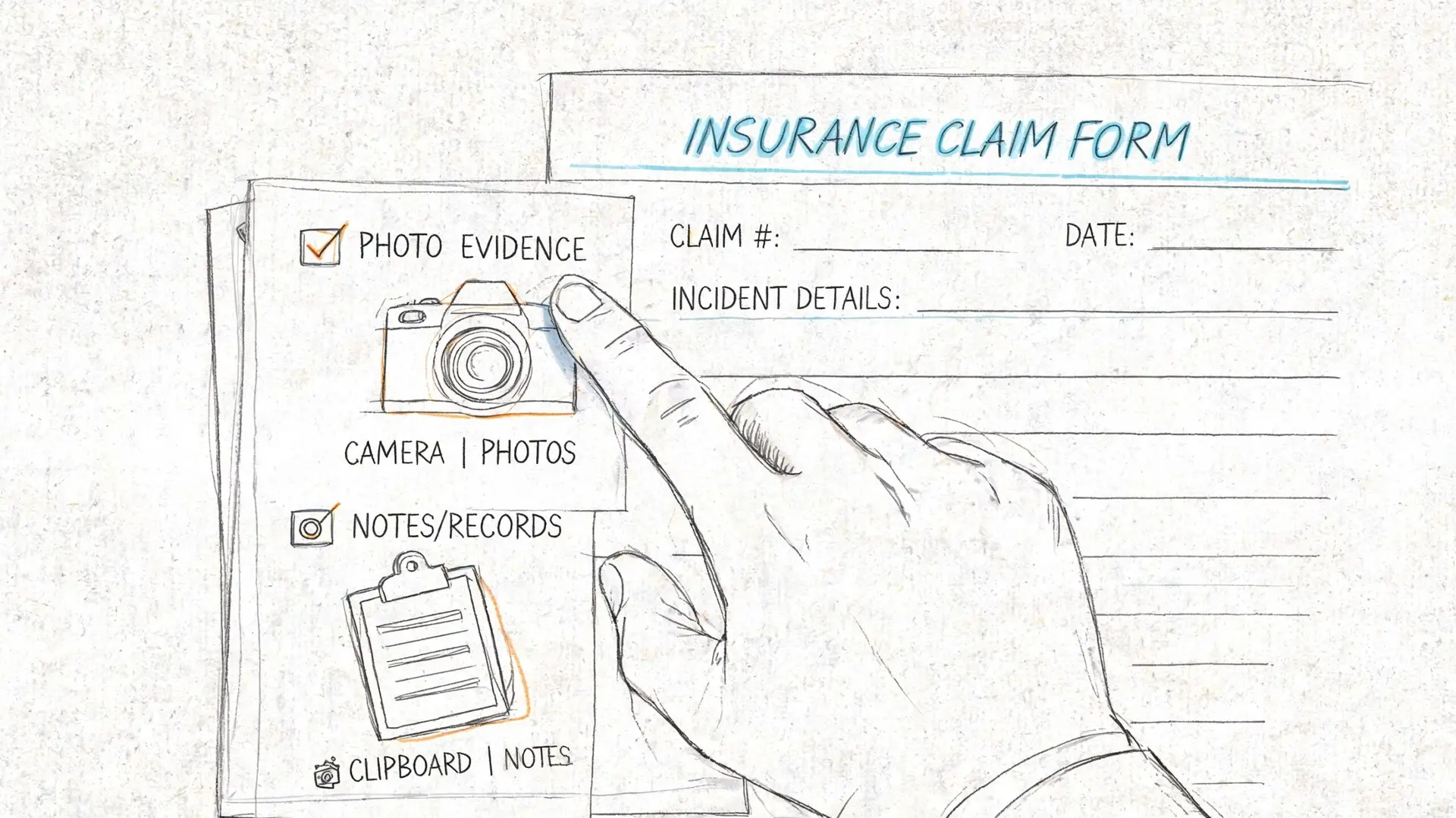 A hand selecting photo evidence on a conceptual insurance claim form for water damage documentation purposes.