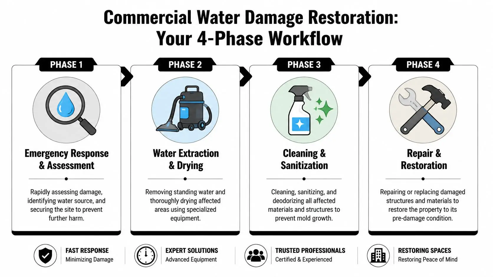 A four-phase workflow infographic detailing the professional commercial water damage restoration and repair process.