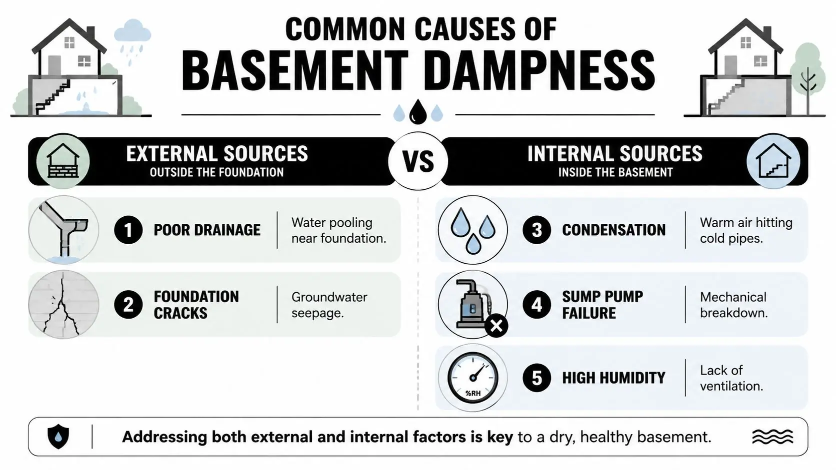 An infographic showing common causes of basement dampness divided into external and internal sources with illustrations.