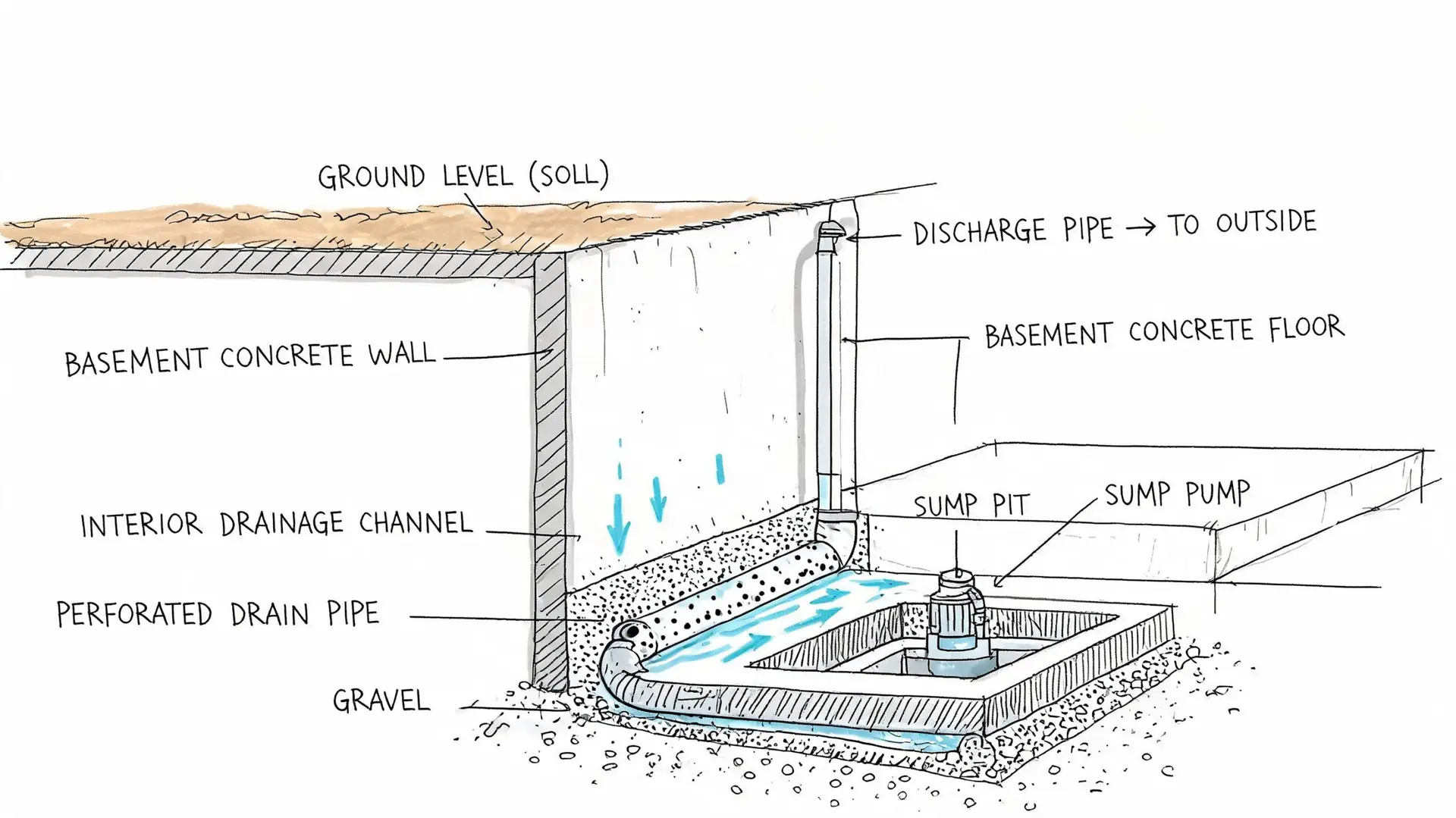 A diagram illustrating an interior basement drainage system with a sump pump and perforated drain pipe installed.