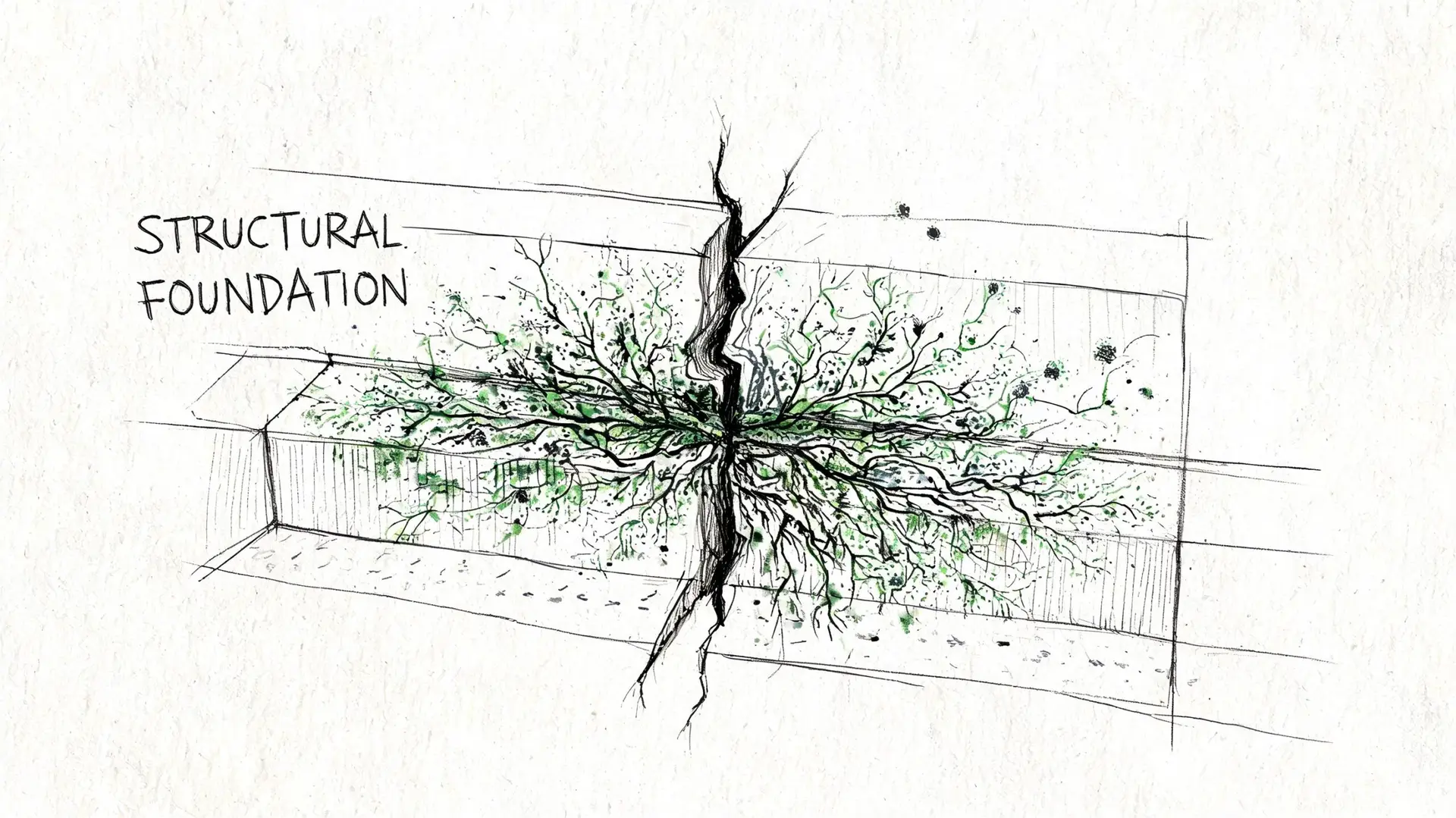 A hand-drawn illustration showing a cracked structural foundation wall with tangled roots growing through the fissures.