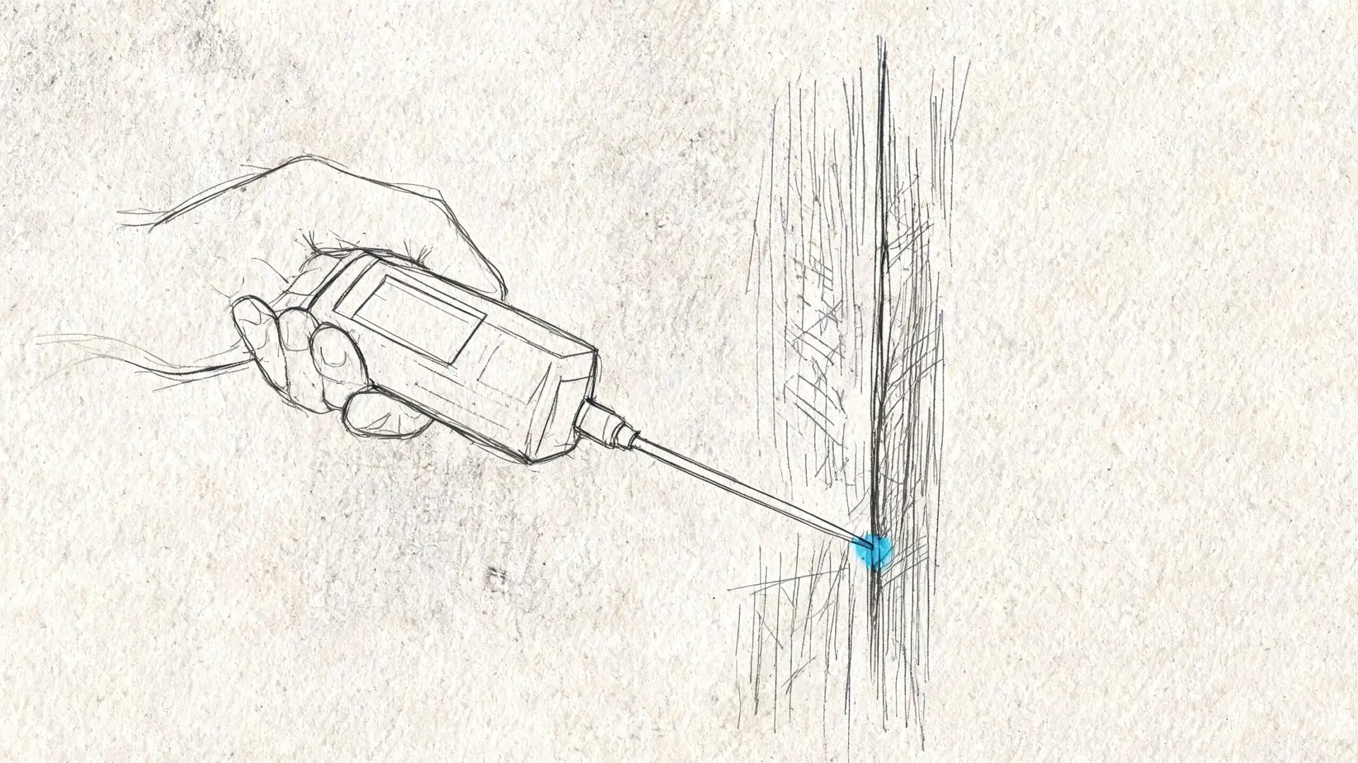 A hand holding a moisture meter device probing a textured surface to detect water damage or dampness.