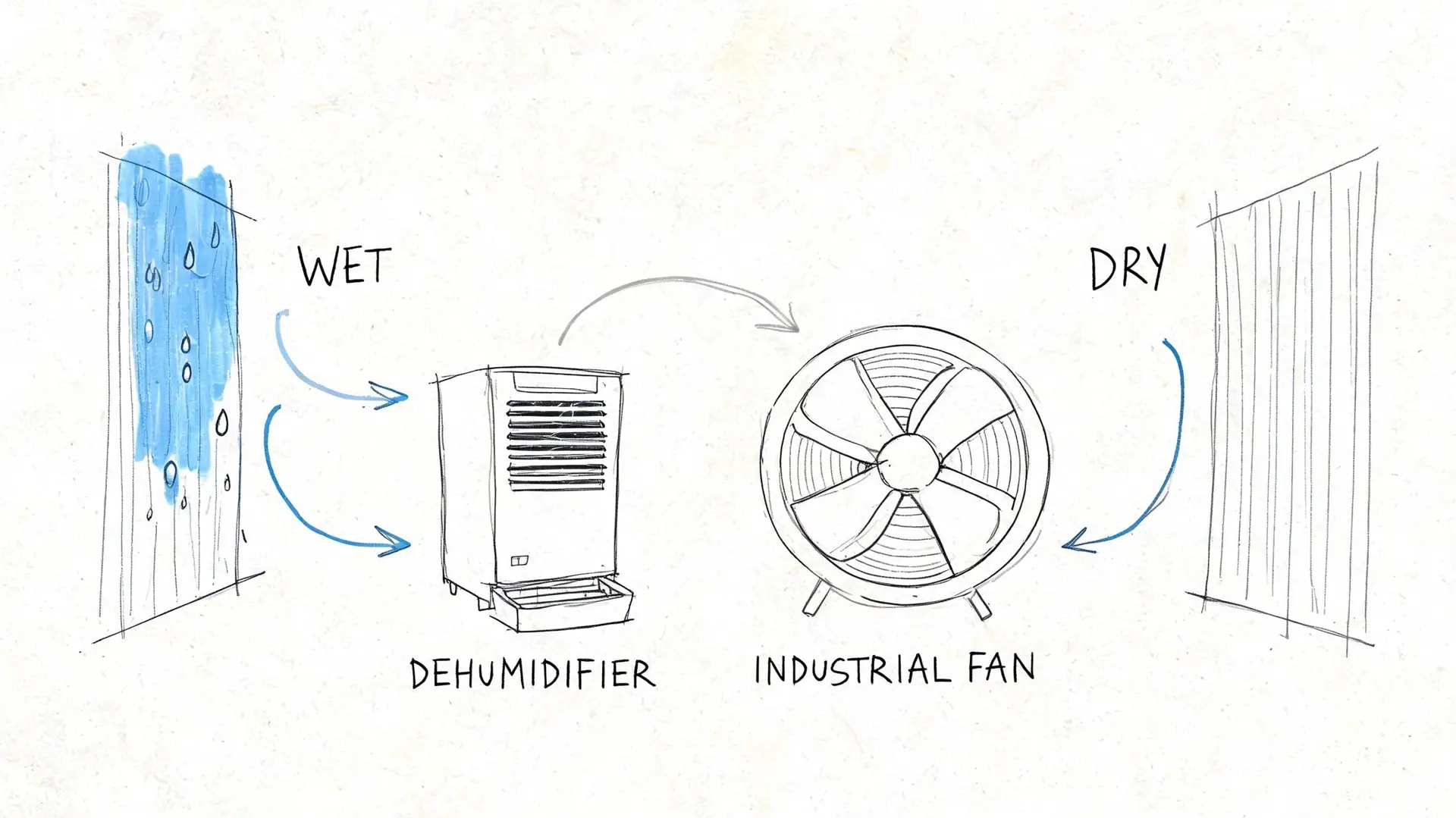 A diagram illustrating flood restoration with a dehumidifier and industrial fan drying a wet wall.