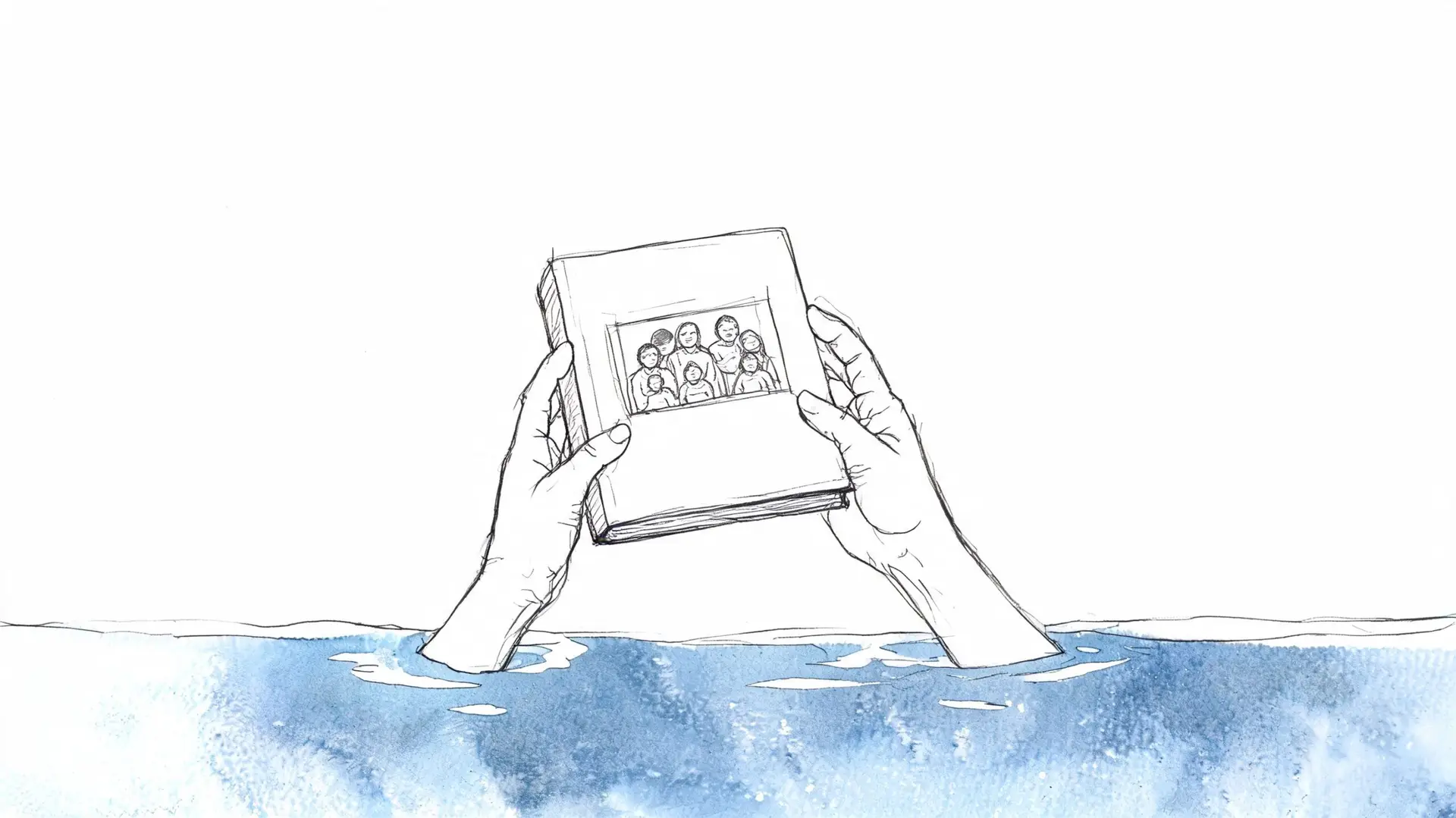 A pair of hands holding a family photo album above rising blue floodwaters