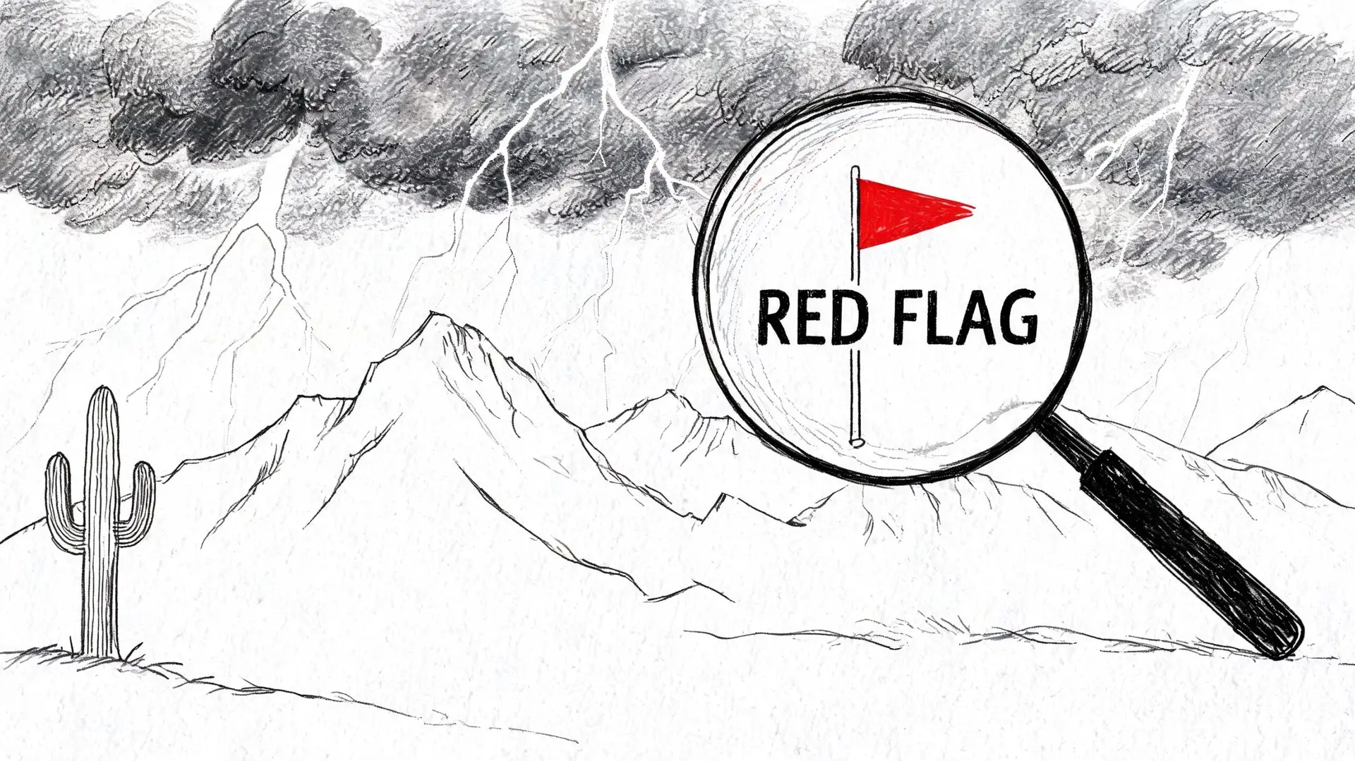 A magnifying glass focusing on a red flag icon against a stormy mountain landscape with a cactus.
