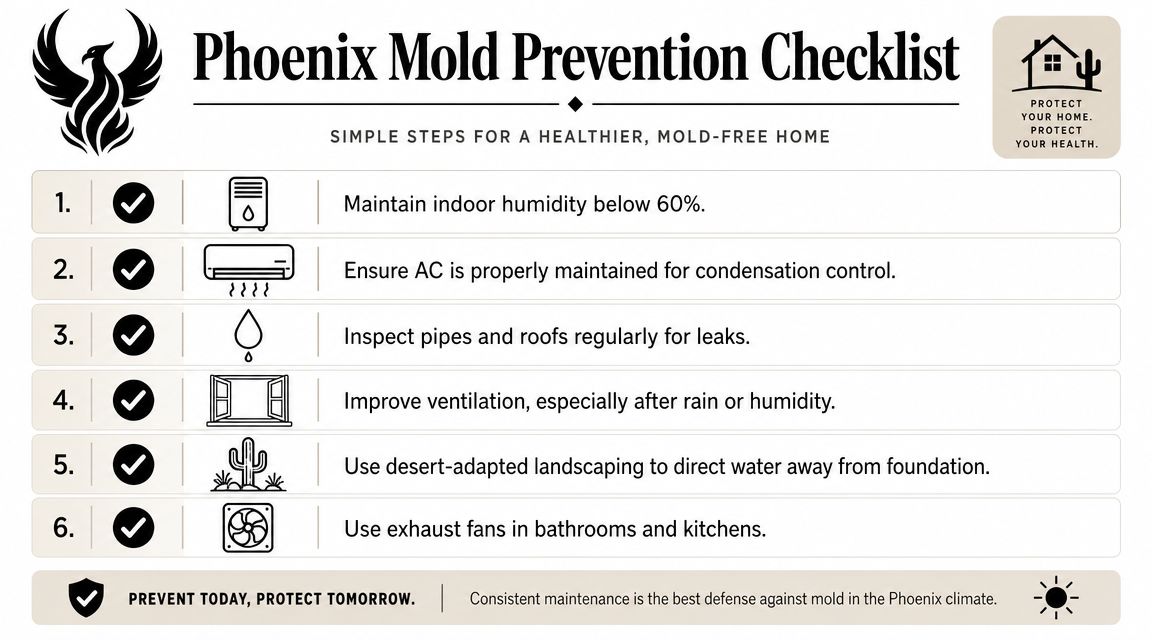 A checklist infographic titled Phoenix Mold Prevention providing six actionable tips for keeping a home mold-free.