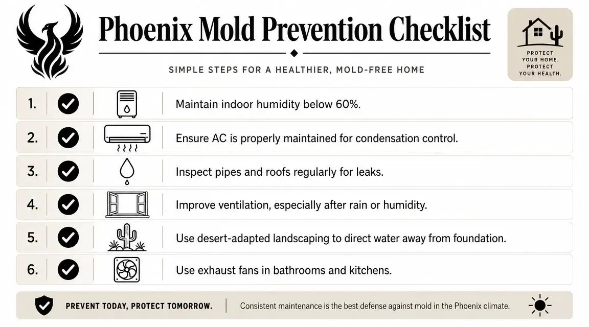 A checklist infographic titled Phoenix Mold Prevention providing six actionable tips for keeping a home mold-free.