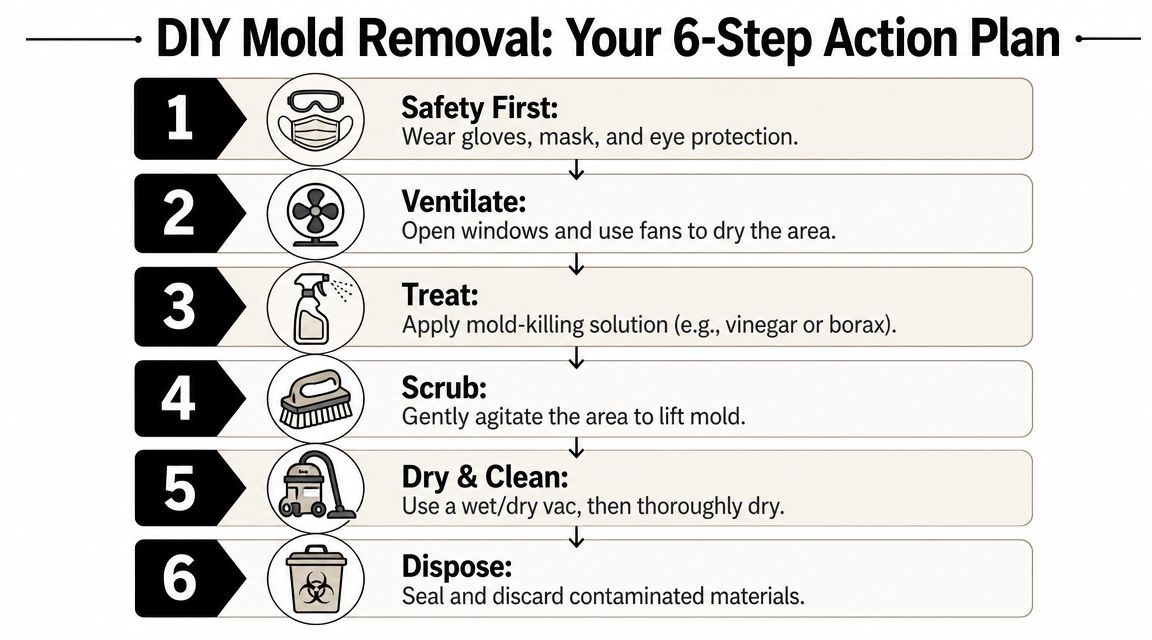 A six-step action plan infographic outlining the process for DIY mold removal and cleaning safely.