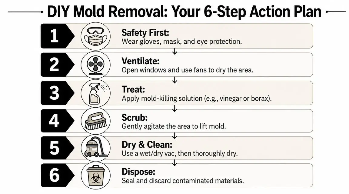 A six-step action plan infographic outlining the process for DIY mold removal and cleaning safely.