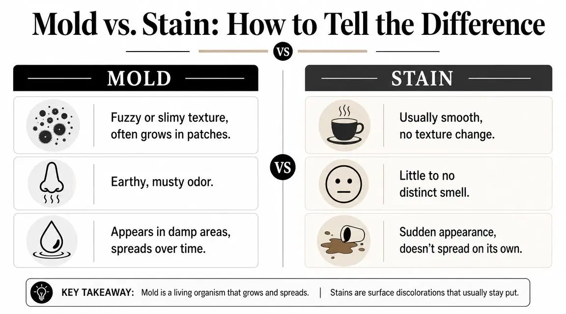 An infographic comparing characteristics of mold versus stains to help identify them in home environments.