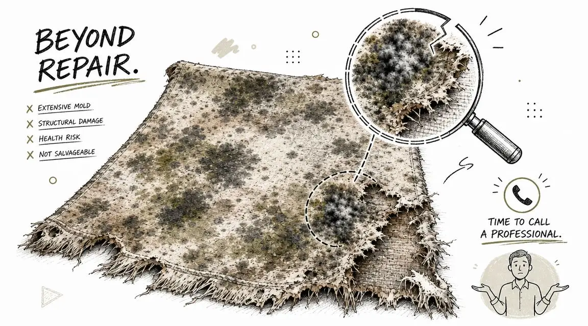 A hand-drawn illustration showing a heavily damaged, mold-infested carpet with text indicating it is beyond repair.