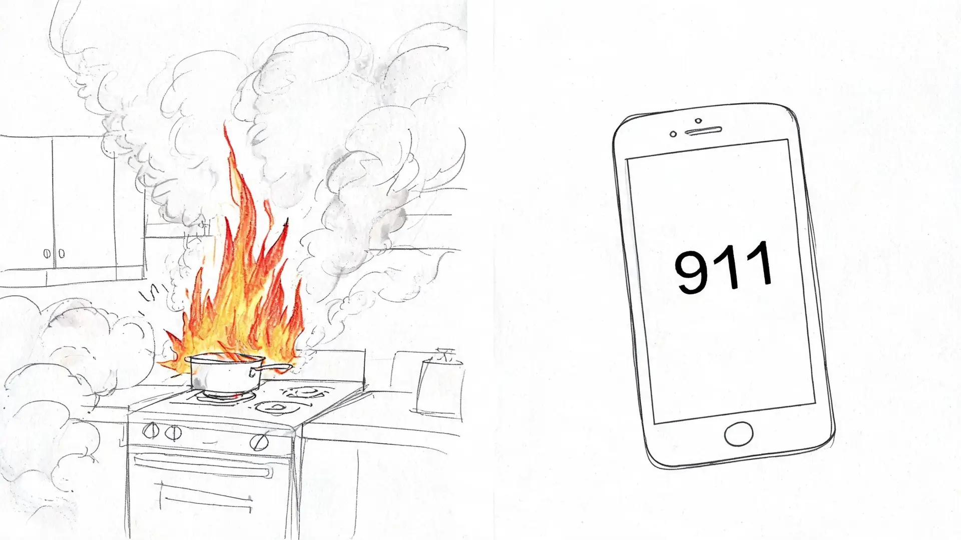 A hand-drawn illustration showing a pot on fire on a stove and a phone dialing 911.