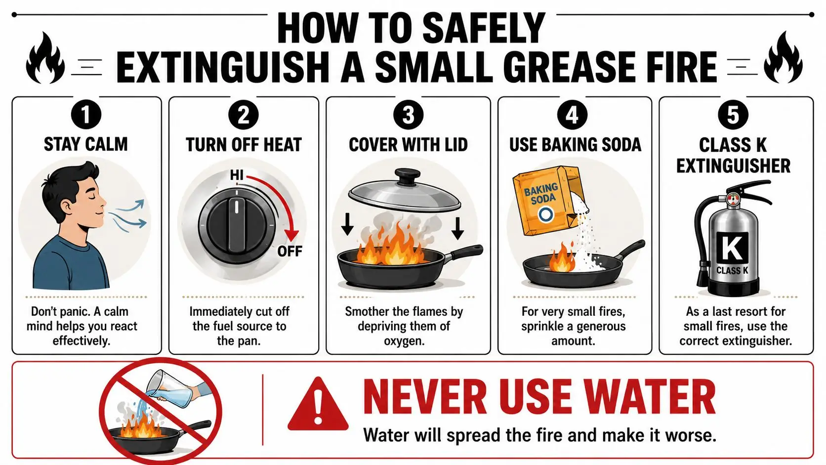 A safety infographic illustrating five steps to extinguish a small grease fire and a warning to never use water.