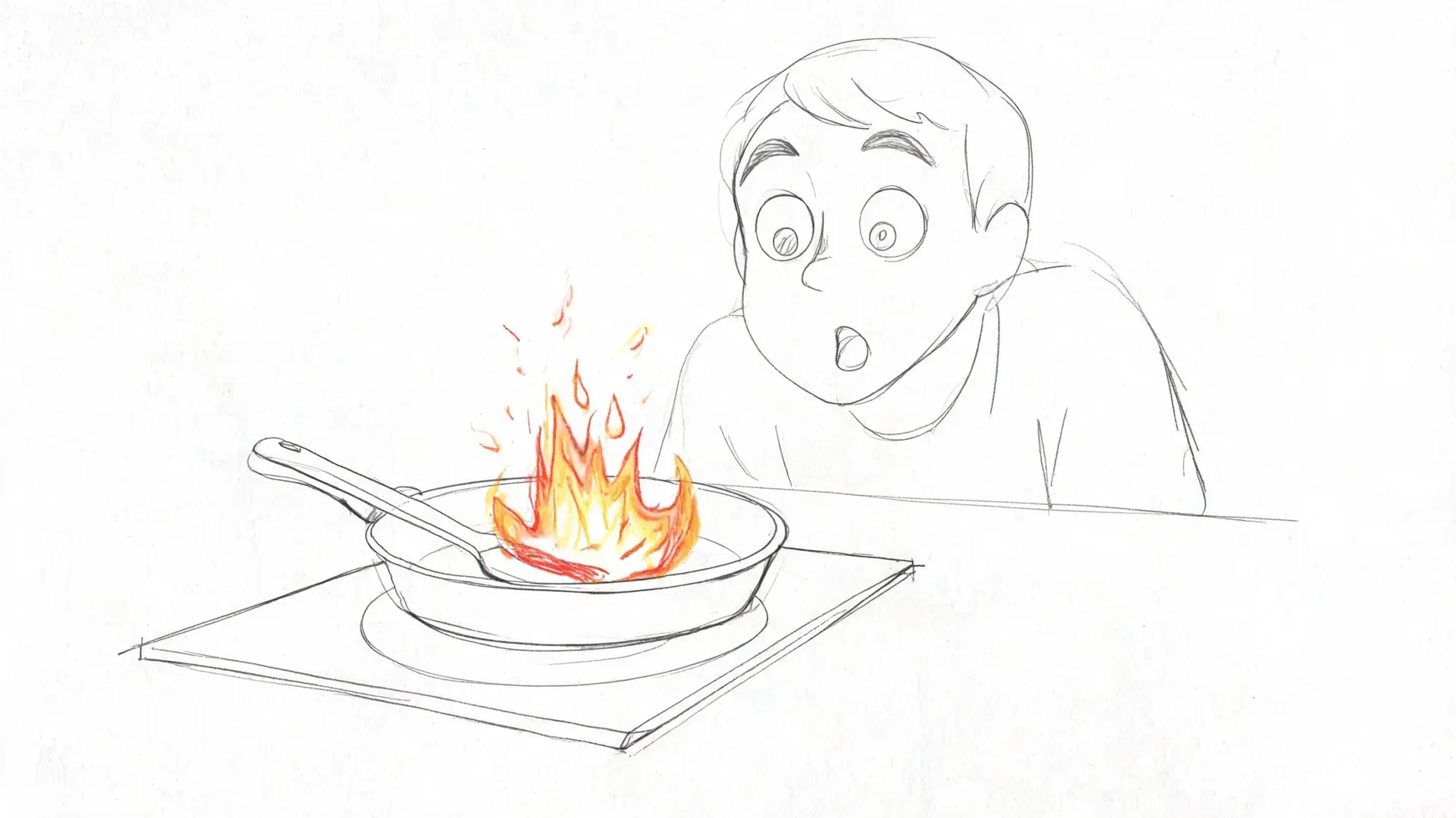 A line art sketch of a surprised person watching a small grease fire in a frying pan.