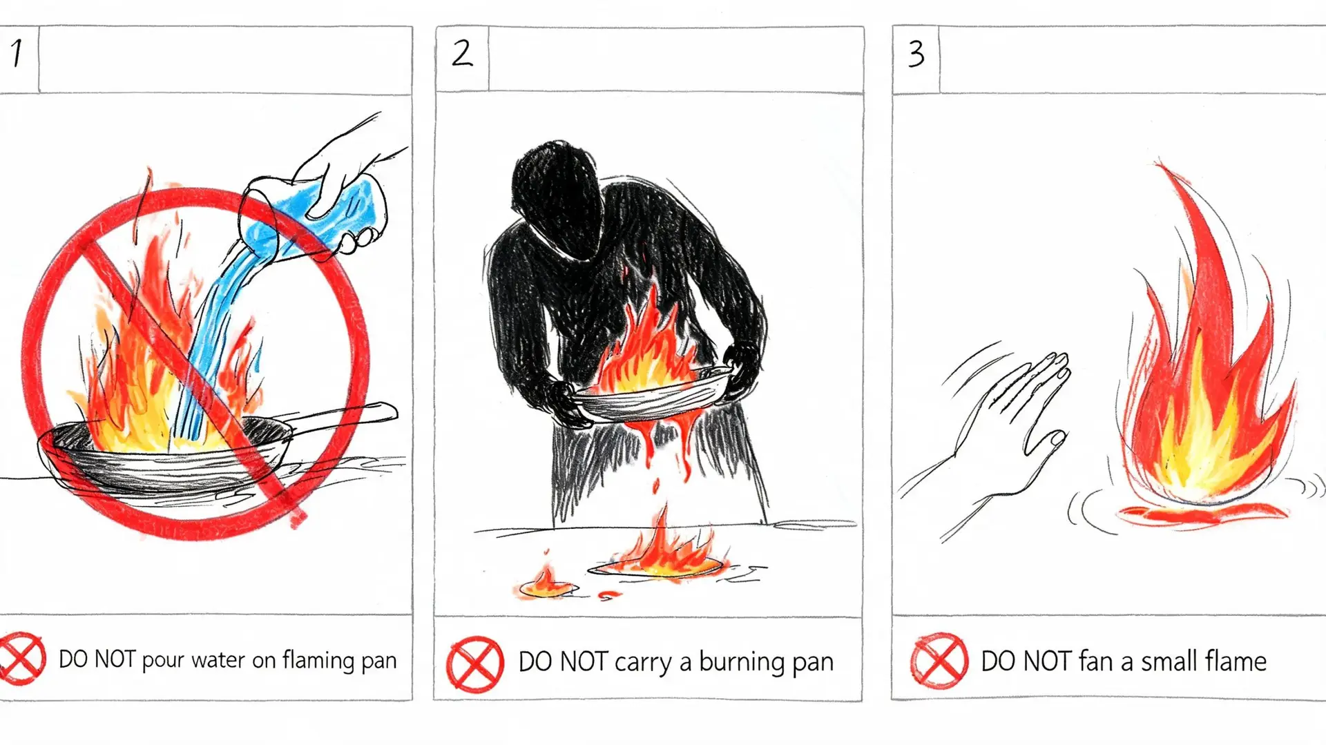 A safety illustration showing three things to avoid during a kitchen grease fire: water, moving, or fanning.