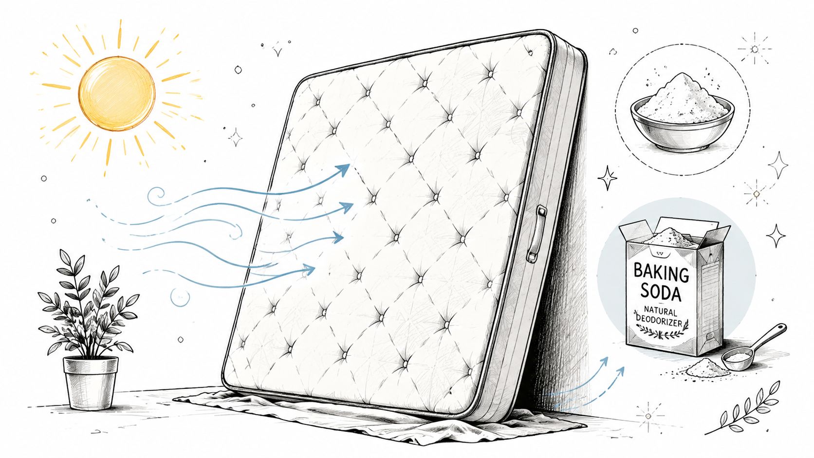 An illustration showing a mattress being cleaned with baking soda and sun exposure for odor removal.