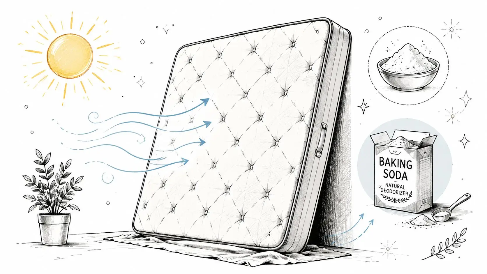 An illustration showing a mattress being cleaned with baking soda and sun exposure for odor removal.
