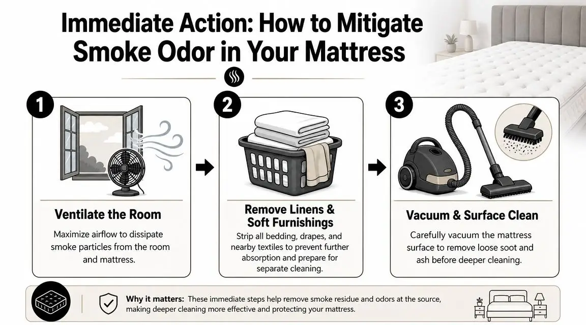 An infographic showing three steps to mitigate smoke odor in a mattress: ventilating, removing linens, and vacuuming.